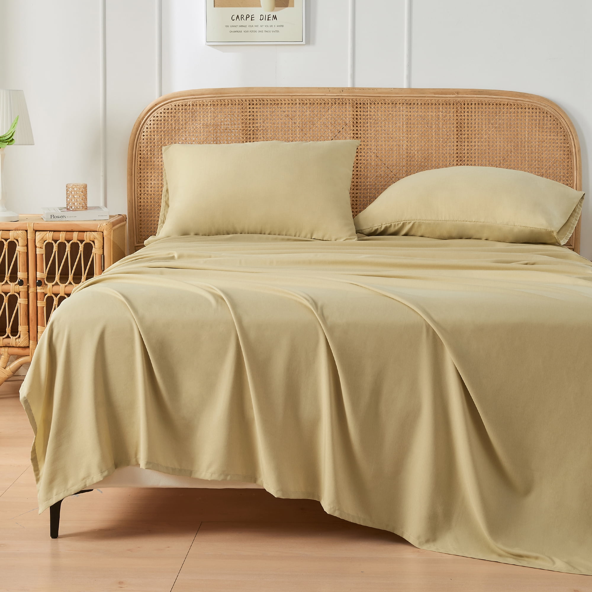JELLYMONI 4 Pieces Cooling Twin Sheets Set, Microfiber & Bamboo Sheet Set, Breathable & Wrinkle Free - 16" Deep Pockets Bedding Sheets & Pillowcases,Khaki