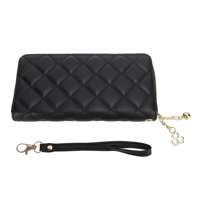 Cartera larga con cremallera para mujer Cartera de piel sintética con estampado de diamantes para mujer Negro