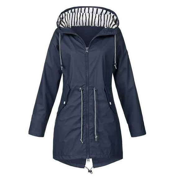 IROINNID Outdoor Jacket for Women Basic Waterproof Drawstring Waist Jacket Outdoor Hooded Windproof Soft Coat with Pocket,Navy