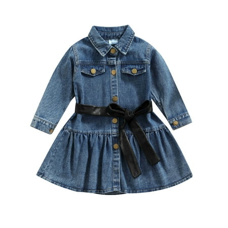 

Sunisery Toddler Baby Girls Denim Shirt Dress Long Sleeve Waist Button Skirt with Belt Spring Fall Outfits Blue 4-5 Years