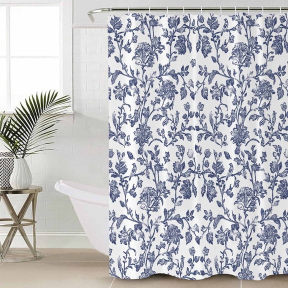 Blue Flower Long Shower Curtain Set, Waterproof Shower Curtains for Bathroom, Spring Leaf Vintage Farmhouse Boho Plant Washable Fabric Cloth Bath Curtain for Bathtub with Hooks 72x84 Inches