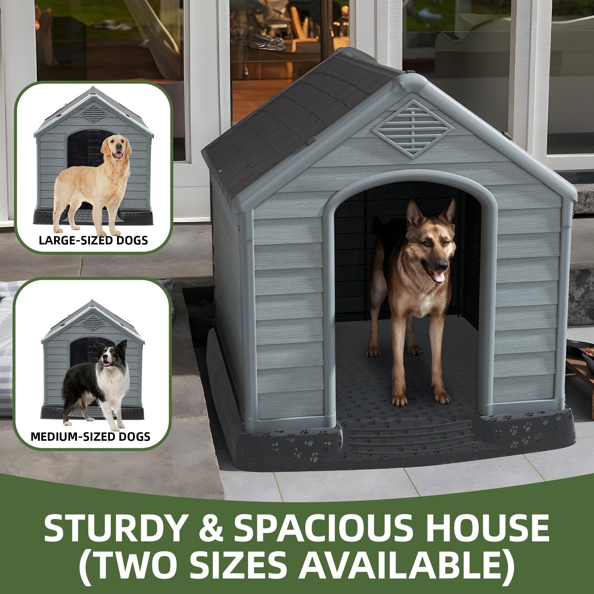 Uforic Large Waterproof Plastic Dog House with Air Vents and Elevated Floor, Outdoor Indoor Doghouse Puppy Shelter,Black+Gray,41''Lx 38''Wx 39''H