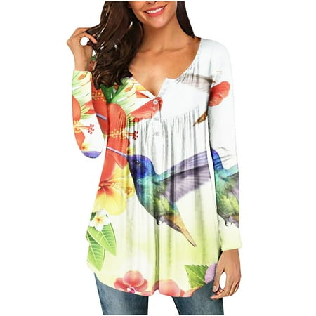 

Juebong Women s Long Sleeve Pleated Sweatshirts Vintage Button Down Tunic Tops Henley V Neck Swing Shirts Floral Print Ruffled Hem Blouses Loose Fit Workout Pullover Tops