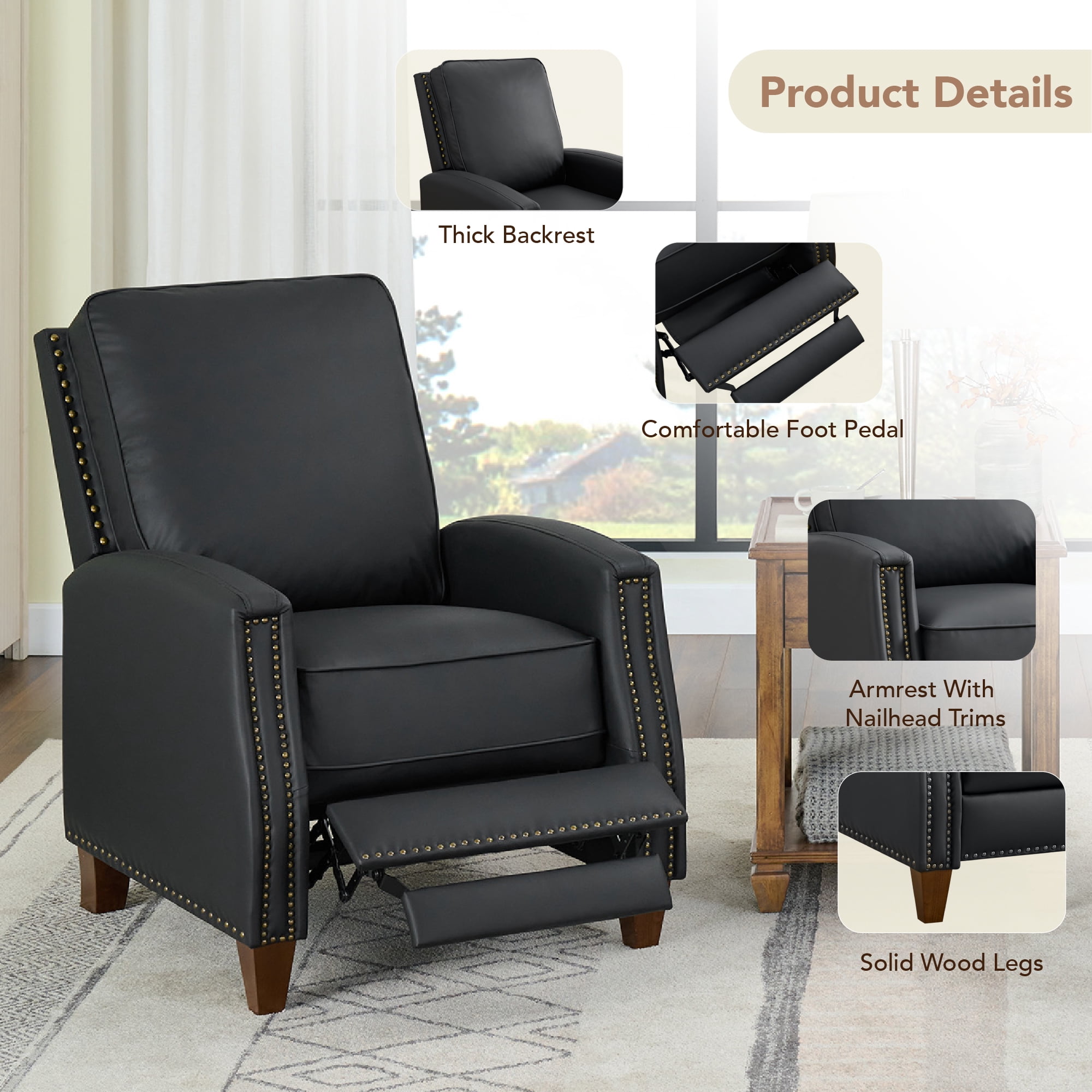 CHITA Recliner Chairs for Adults Single Sofa Chair for Living Room Faux Leather Push Back Recliner,Black