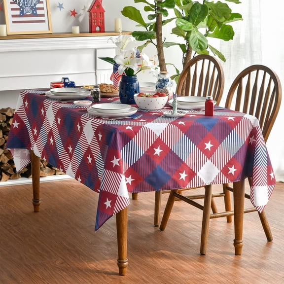 4th of July Tablecloth 60x78 Inch Rectangular, Patriotic Red Buffalo Plaid Stars Independence Day Memorial Day Table Cover for Party Picnic Dinner Decor