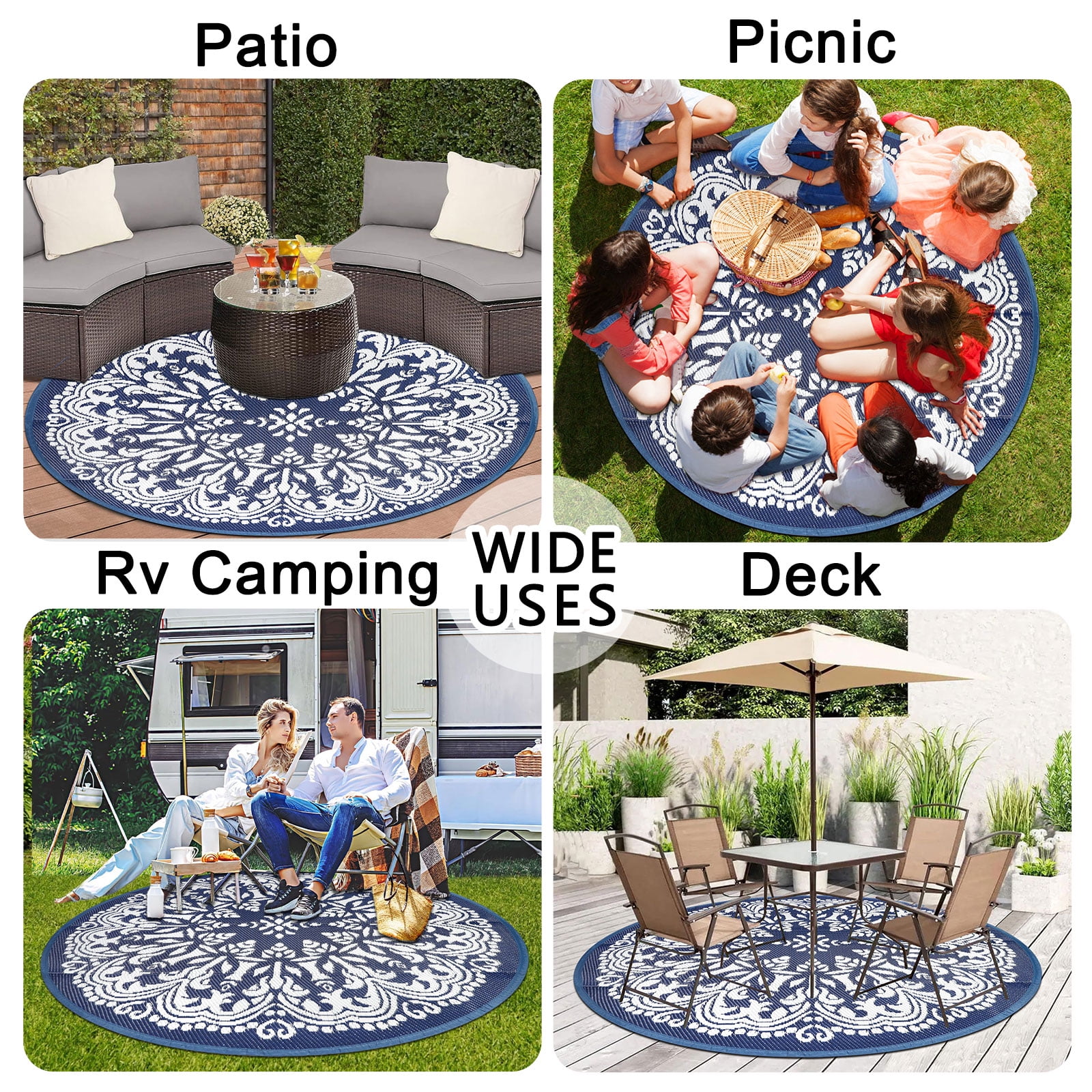 Aonewoe Round Outdoor Rugs 6Ft Waterproof Patio Plastic Straw Rug Reversible Camping Carpet Indoor Outdoor Area Rug for Patio,Deck,Balcony,Picnic,Beach,Outside