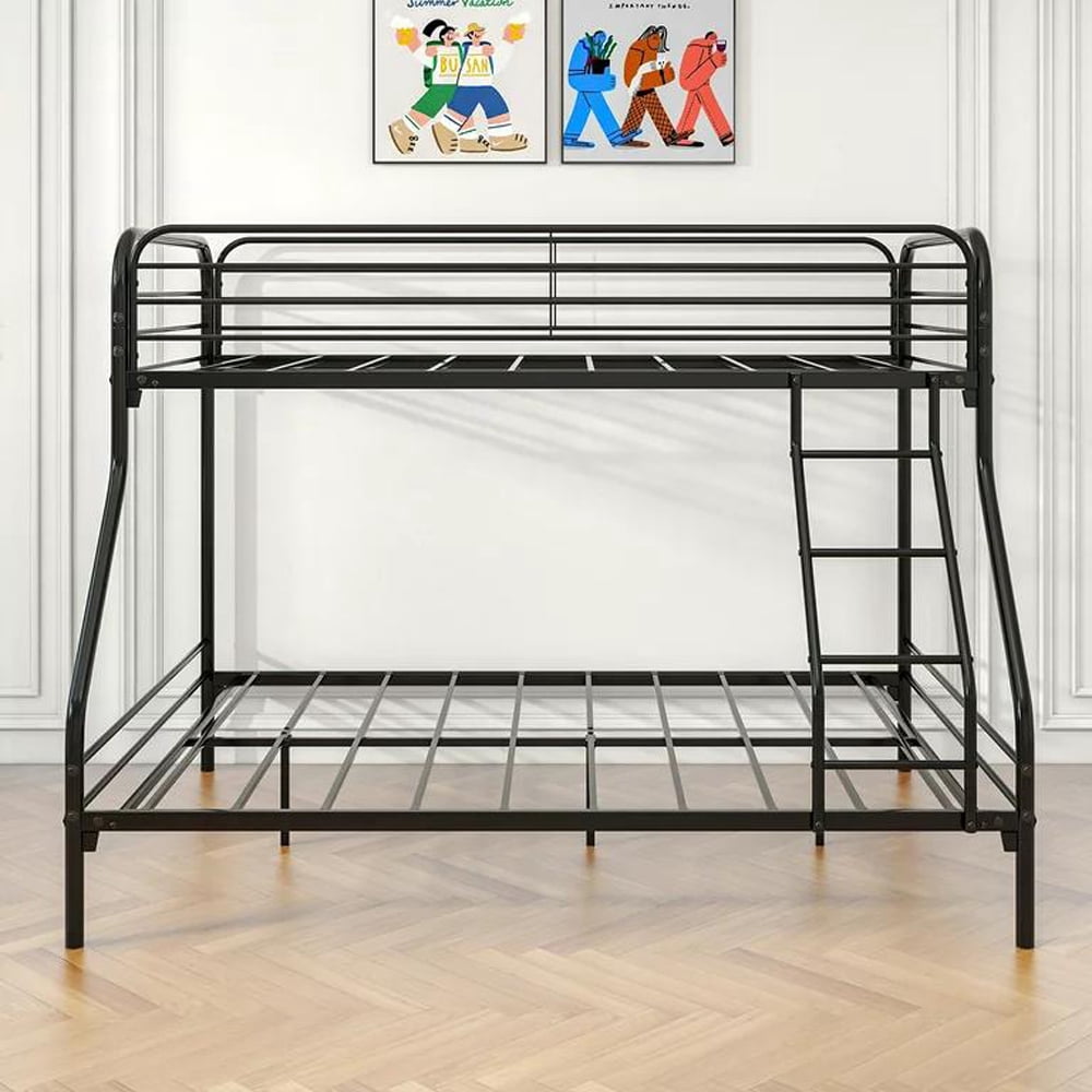 Gewnee Twin over Full Bunk Bed, Metal Bed Frame with Ladder&Safety Guardrail for Kids Teens,Black