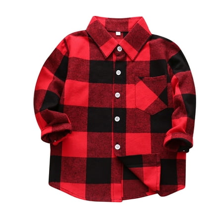 

Kids Girls Boys Flannel Jacket Plaid Stripe Long Sleeve Lapel Button Down Shirt Top Coat Outwear Size 130 Red