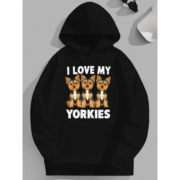 Men's Oversized Yorkshire Terrier Hoodie - I Love My Yorkies Dog Lover Sweatshirt with Yorkie Puppies Print, Black & White Casual Pullover, Machine Washable Yorkie Owner Apparel, Thanksgiving Hoodie,