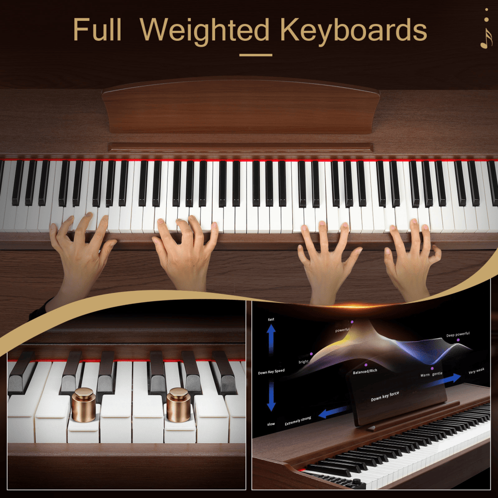 Tcbosik 88-Key Home Full Weighted Digital Piano with Stand and Headphone for All Experience Levels, Beginner, Keyboard with Triple Pedals, Black & Walnut