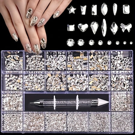 2500Pcs Nail Rhinestones Kit with Drill Pen 3D Diamonds Flatback Crystals Nail Art Decorations
