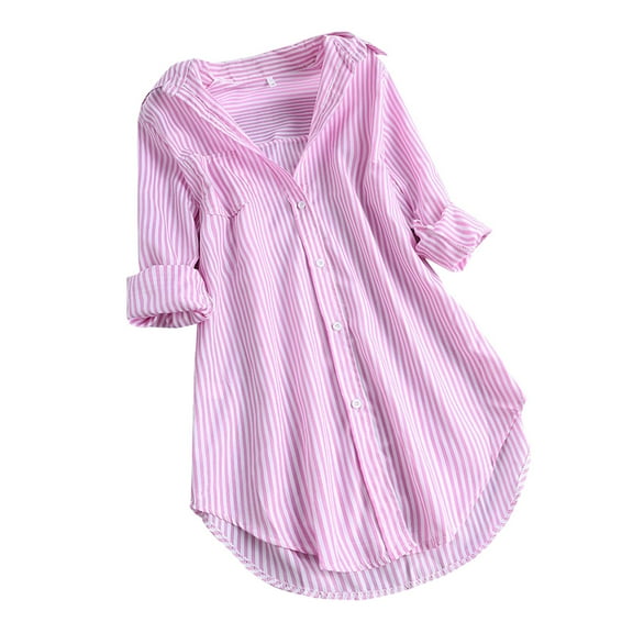 Stylish Women's T-Shirts Stripe Loose Blouse Turn-down Button Long Sleeve Top for Modern Fashionista