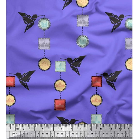 Soimoi Purple Rayon Crepe Fabric Architectural Frame & Paper Bird Art & Craft Print Fabric by the Yard 46 Inch Wide