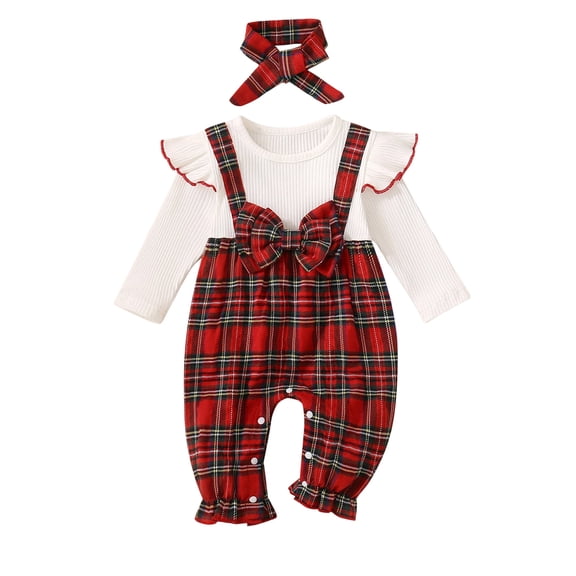 Caoirhny Infant Baby Girl Fall Romper 3 6 9 12 18 Months Plaid Fake Two-Piece Ruffle Long Sleeve Bodysuit and Bow Headband 2 Piece Clothes