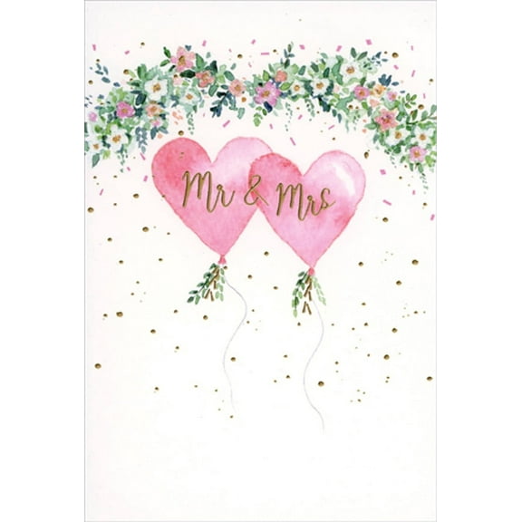Pictura Mr. and Mrs. Watercolor Pink Heart Balloons Wedding Congratulations Card