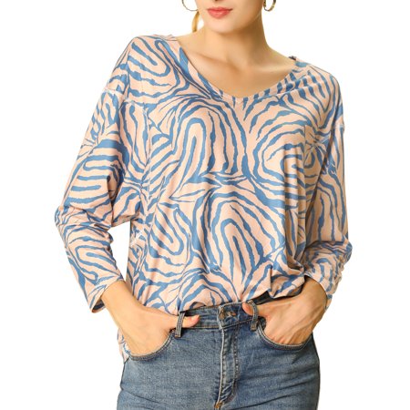 Women Animal Zebra Print V Neck Dolman 3/4 Sleeves Loose Blouse Top XS Pink
