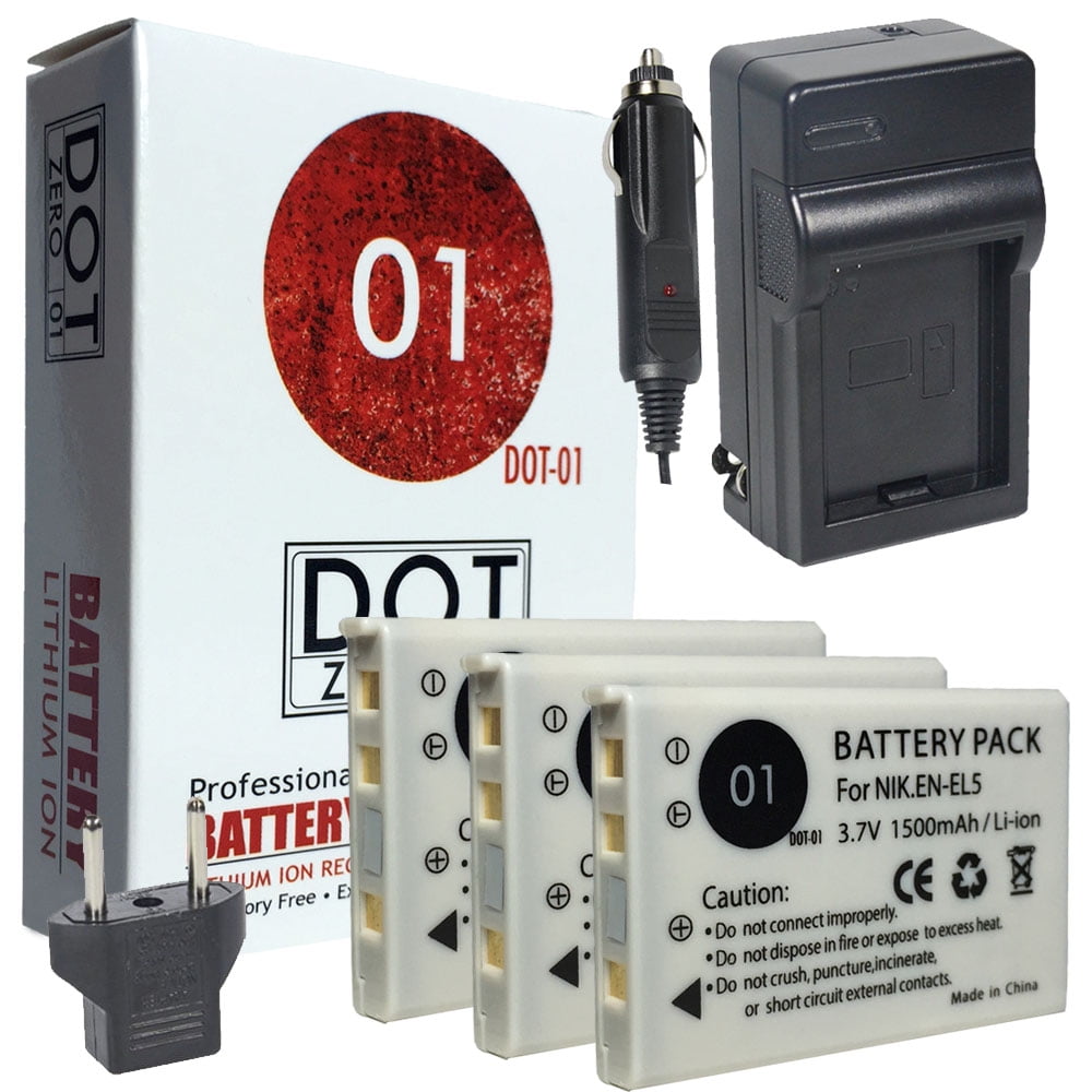3x DOT01 Brand 1500 mAh Replacement Nikon ENEL5 Batteries and Charger