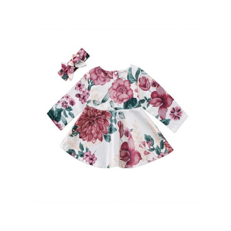 

Diconna 2PCS/Set Newborn Baby Girl Floral Clothes O-neck Long Sleeve Boho Dress+Headband Outfit Princess Girls Party Vestido 0-24M