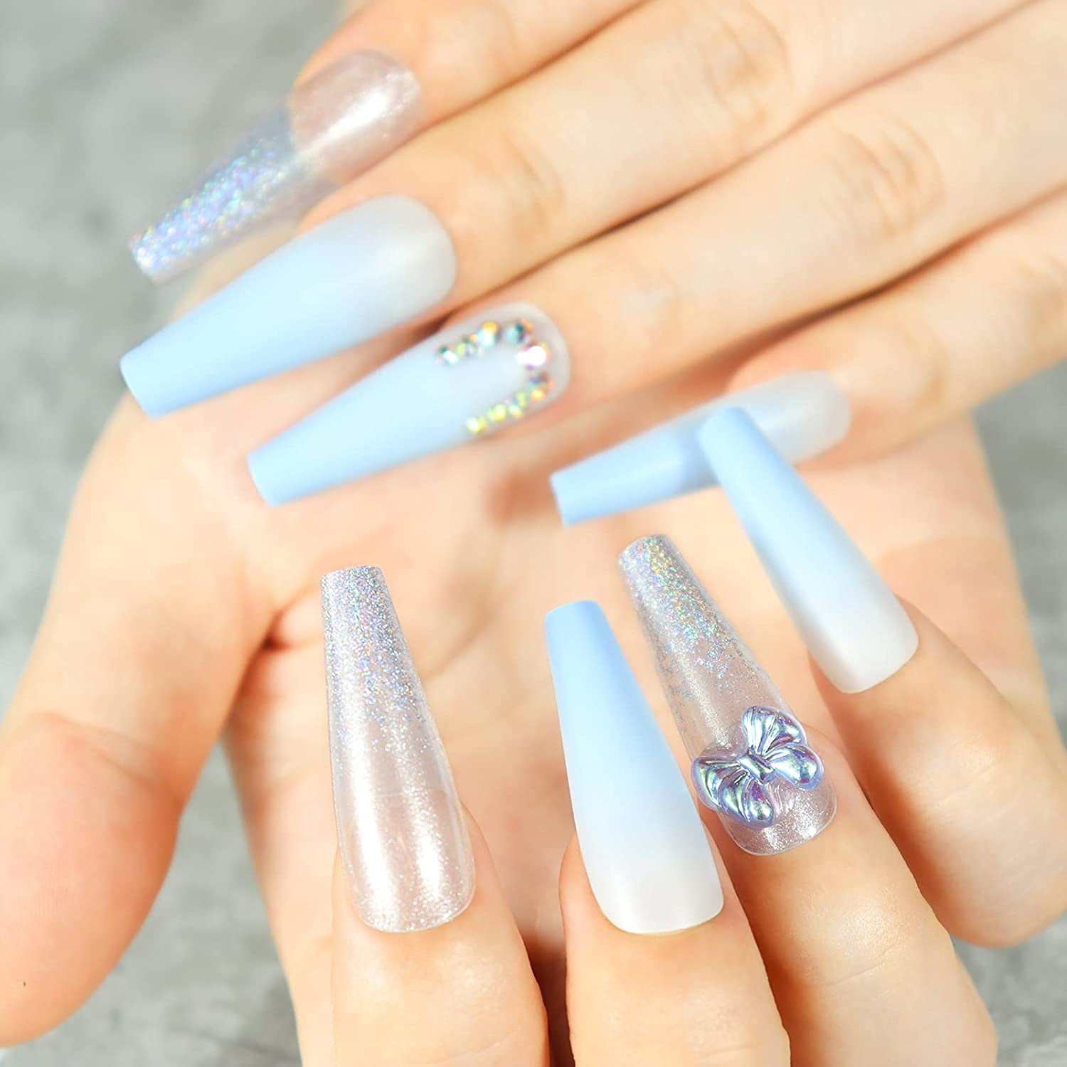  Artquee 24pcs French Blue Ombre Crystal Press on Nails with 3D  Rhinestones Glossy Mixed Blue Metal and Glitter False Nails Long Ballerina  Coffin Flash Fake Nail Tips Manicure for Women and
