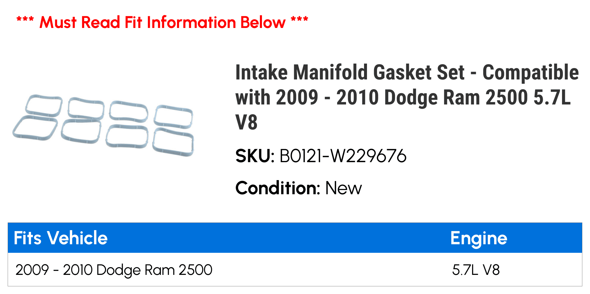 Intake Manifold Gasket Set - Compatible with 2009 - 2010 Dodge Ram 2500 5.7L V8