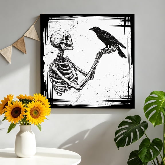 Canvas Wall Art Halloween Skeleton Canvas Art Print Horror Black Crow Vintage Bird Pictures Wall Decor for Living Room Bedroom Artwork Decorations Stretched Framed Ready to Hang 10"x10"