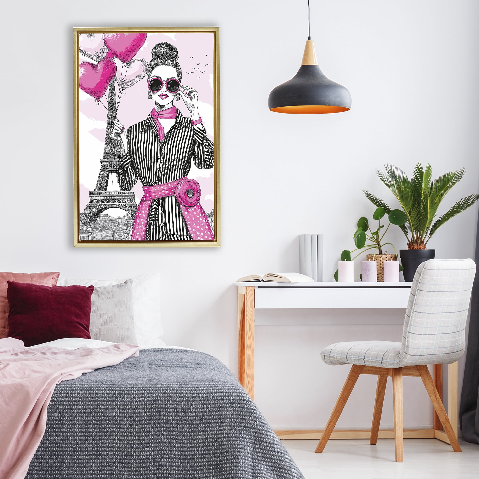 Stupell Industries Parisian Chic Woman with Balloons Gold Framed Floater Canvas Wall Art, design by Jess Stempel
