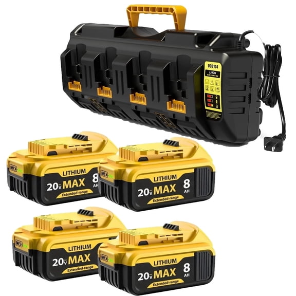 4Pack 8.0Ah 20 Volt Lithium ion DCB208 Battery and DCB104 Battery Charger Station Compatible with 20V Max Batteries DCB206 DCB203 DCB200 Cordless Power Tools