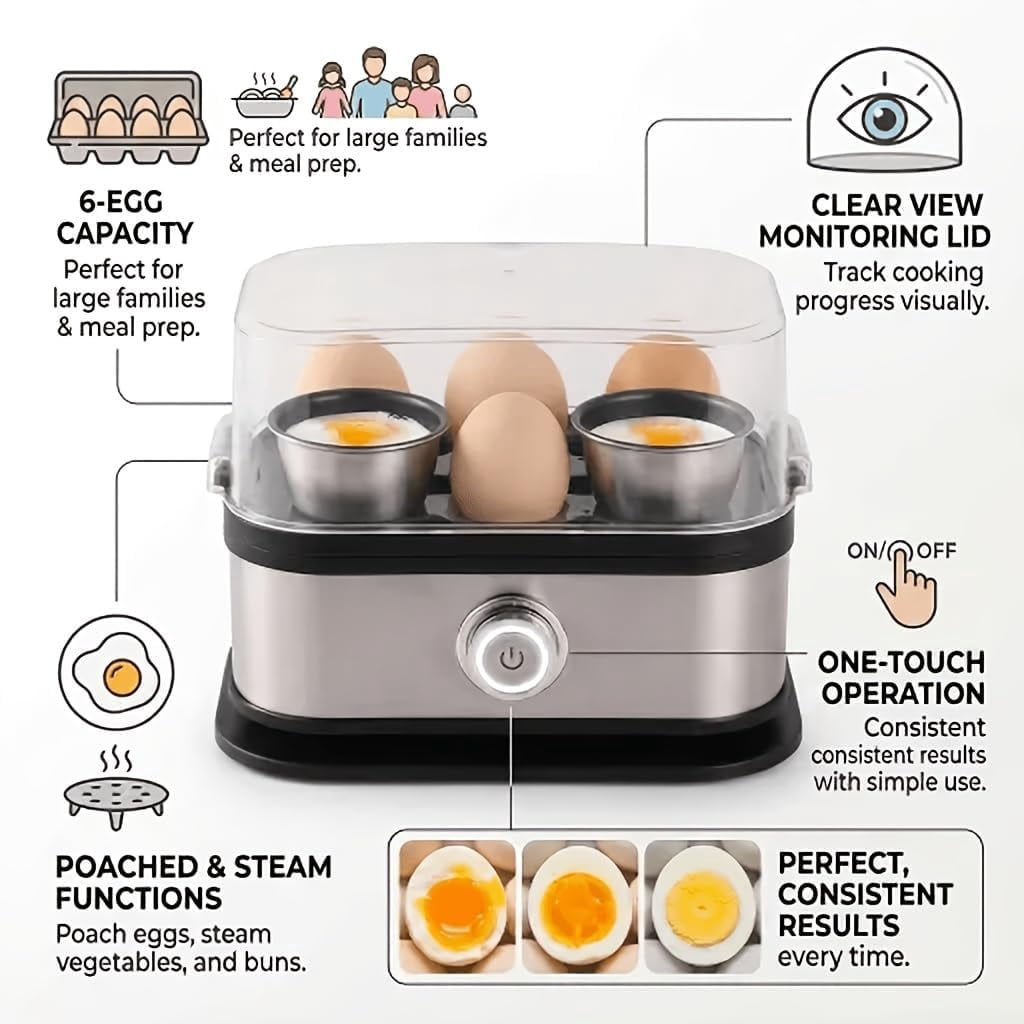 6-Automatic Egg Cooker – Automatic One-Touch Boiler for Soft, Medium, or Hard Boiled Eggs