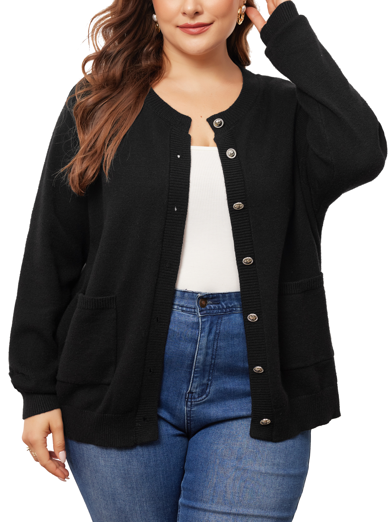 DARING DIVA Women's Plus Size Button Down Crew Neck Cardigan Sweater 3X Black