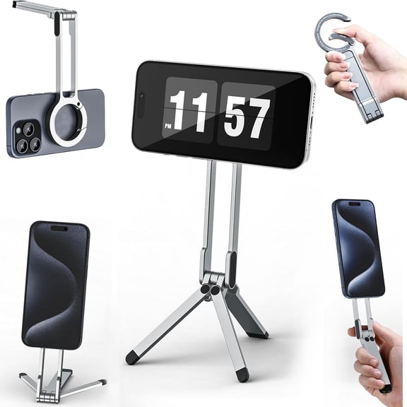 Magnetic Phone Tripod Stand, Rotating Phone Tripod Mount with Spring Buckle, Multi Angle Tri Fold Cell Phone Holder, Handheld Phone Grip for Streaming Vlog