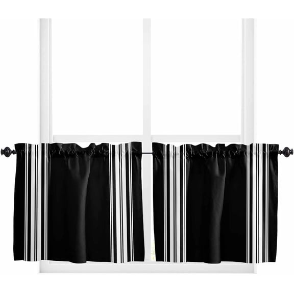 Black White Striped Window Tier Curtains 36 Inch Length, Farmhouse Modern Black Stripes Rod Pocket Window Treatment Kitchen Drapes for Bedroom, Cafe, Living Room, 2 Panels, 27.5 W x 36 L