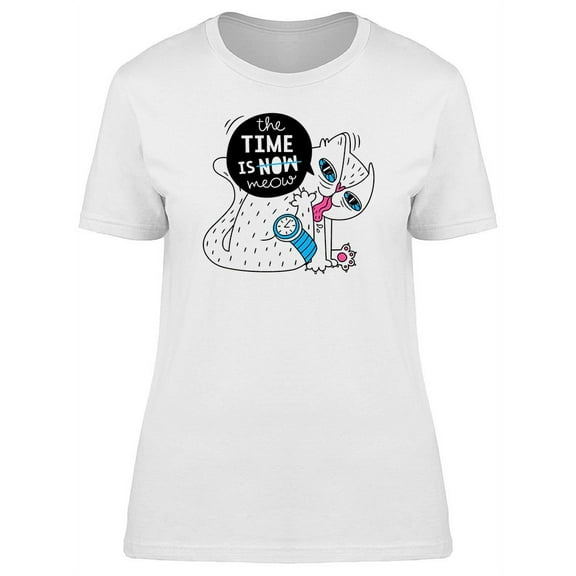 Funny Cat Art The Time Is Meow T-Shirt Women -Image by Shutterstock, Female XX-Large