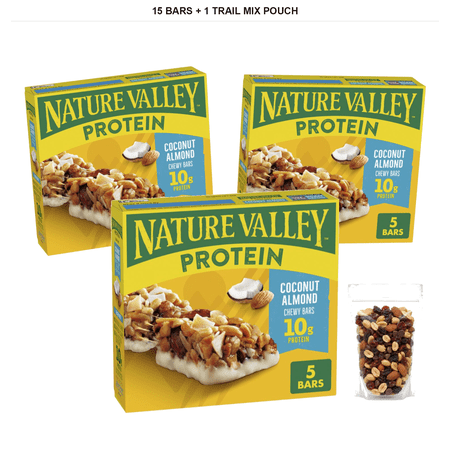 Nature Valley Protein Chewy Snack Bars, Coconut Almond, 15 Bars, 7.1 oz with 1 Bybies Trail Mix Pouch, 2 oz