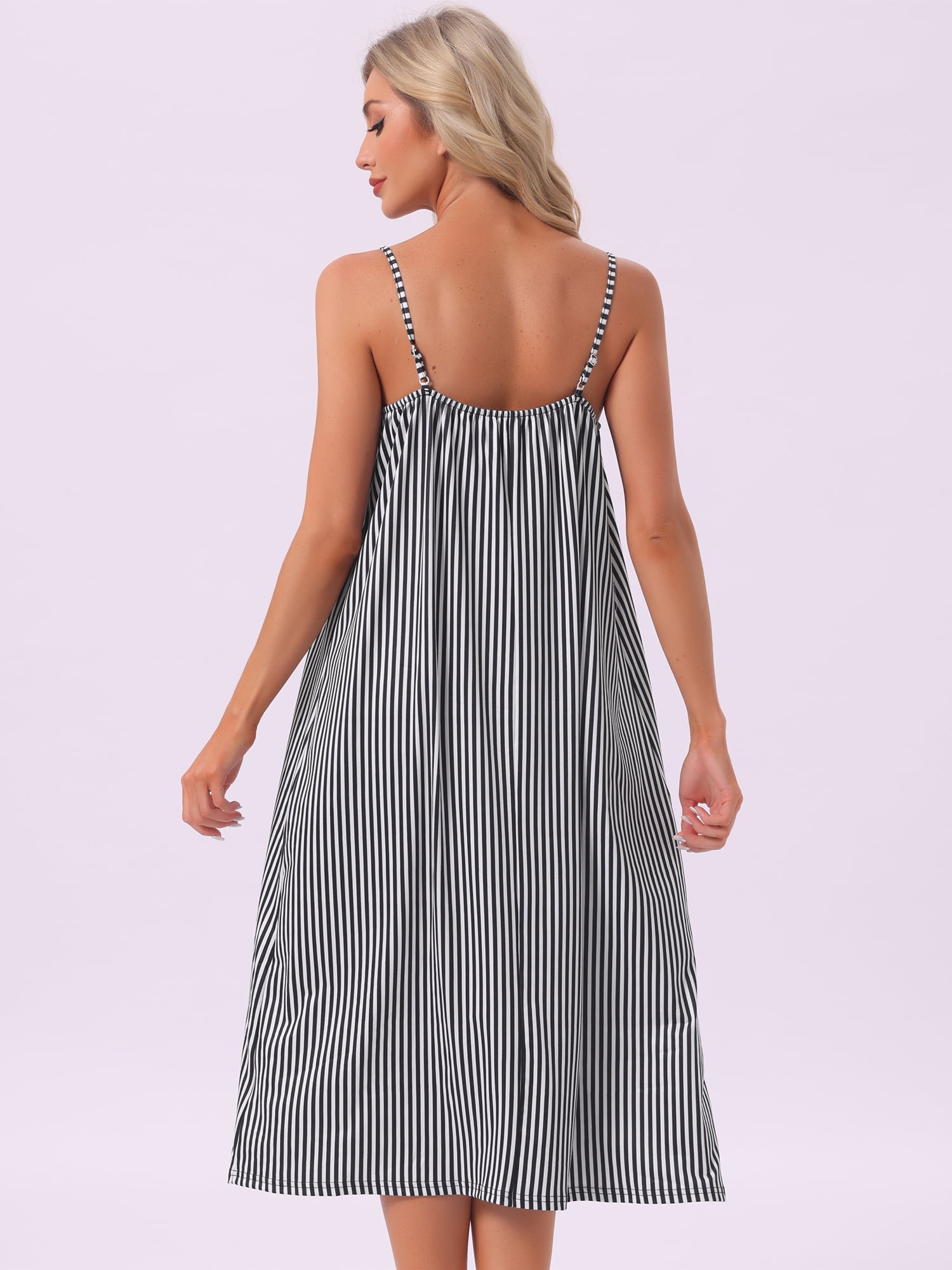 DARING DIVA Women's Spaghetti Strap Stripe Nightshirt Pajama Dress M Black
