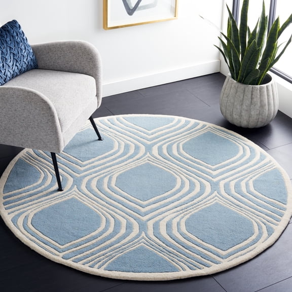 SAFAVIEH Chatham Shaelyn Geometric Wool Area Rug, Blue/Ivory, 5' x 5' Round