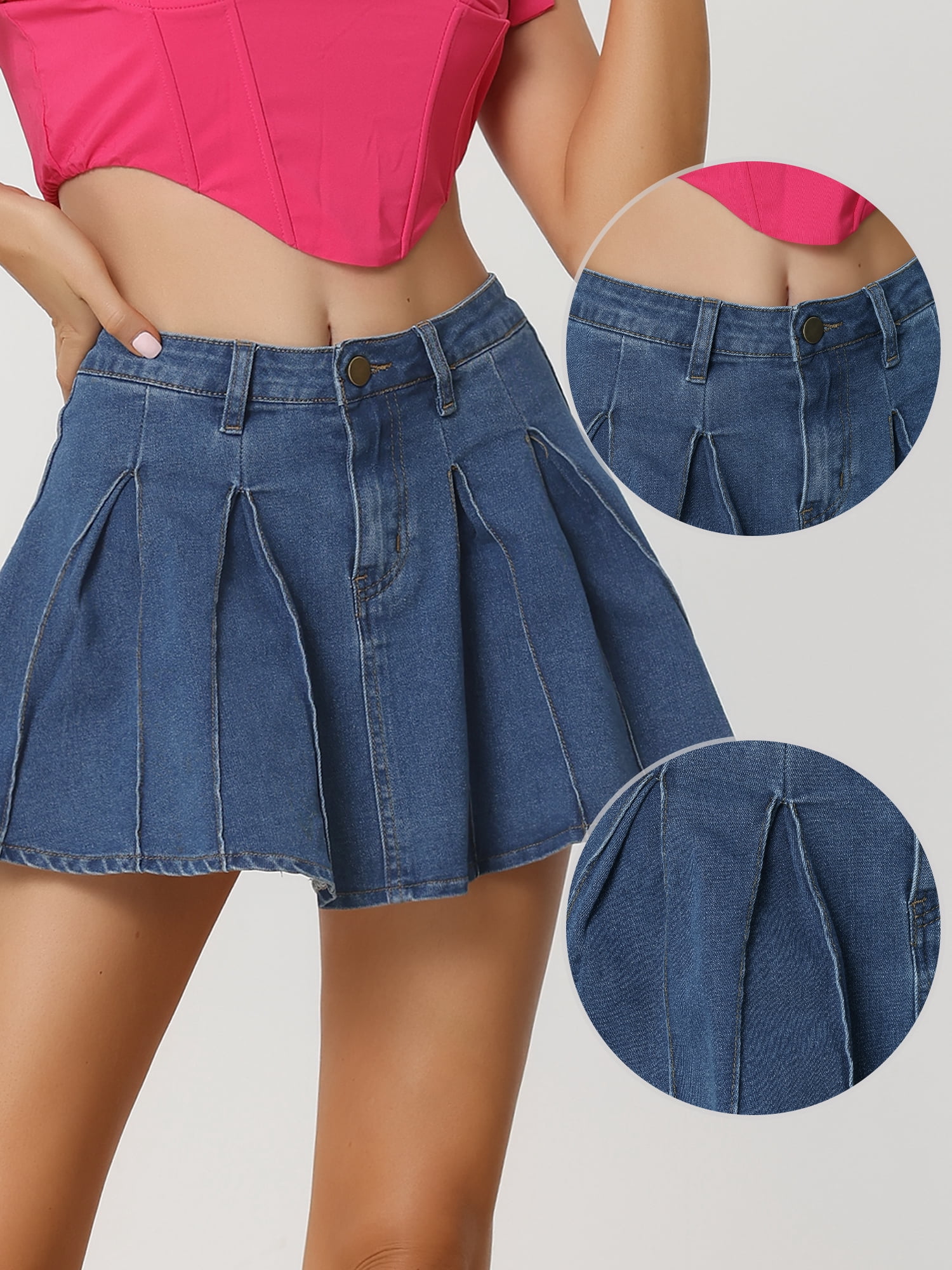 DARING DIVA Women's Pleated Denim Skirt Short Mini Jean Skirts L Blue