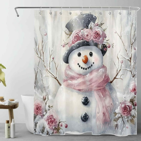 HVEST Winter Snowman Shower Curtain with Pink Floral and Cute Snowman Design - Watercolor Gray Bathroom Decor, Waterproof Polyester Fabric, Includes 10 Hooks, 60x72 Inches