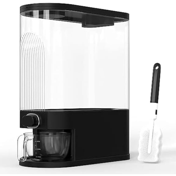 25lb Black Rice Dispenser, Measuring Cup & Sponge. Airtight Grain, Bean & Rice Container. NEW Clear Black Design. Easy To Use Grain Dispensing Storage Container For Kitchen