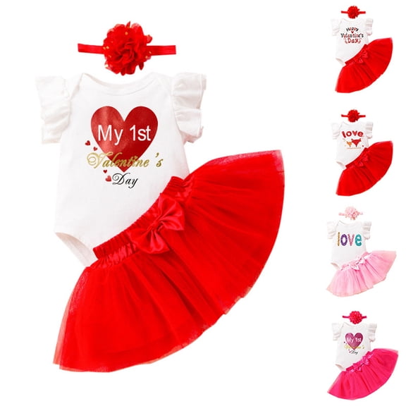 CAIXIA Toddler Dress Up Clothes Valentine's Day Baby Girl 3Pcs Outfit Cute Ruffle Fly Sleeve Dress Set for Infant Toddler Party