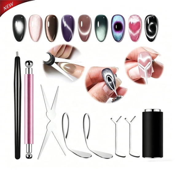 8‑Pcs Cat Eye Nail Magnet Tool Kit, Multi‑Shape Magnetic Pens & Magnet Sheets Set, Create Diverse Cat‑Eye Manicure Patterns, DIY Bead Chain Tools for Cat Eye Gel Polish Home Salon Nail Art Supplies