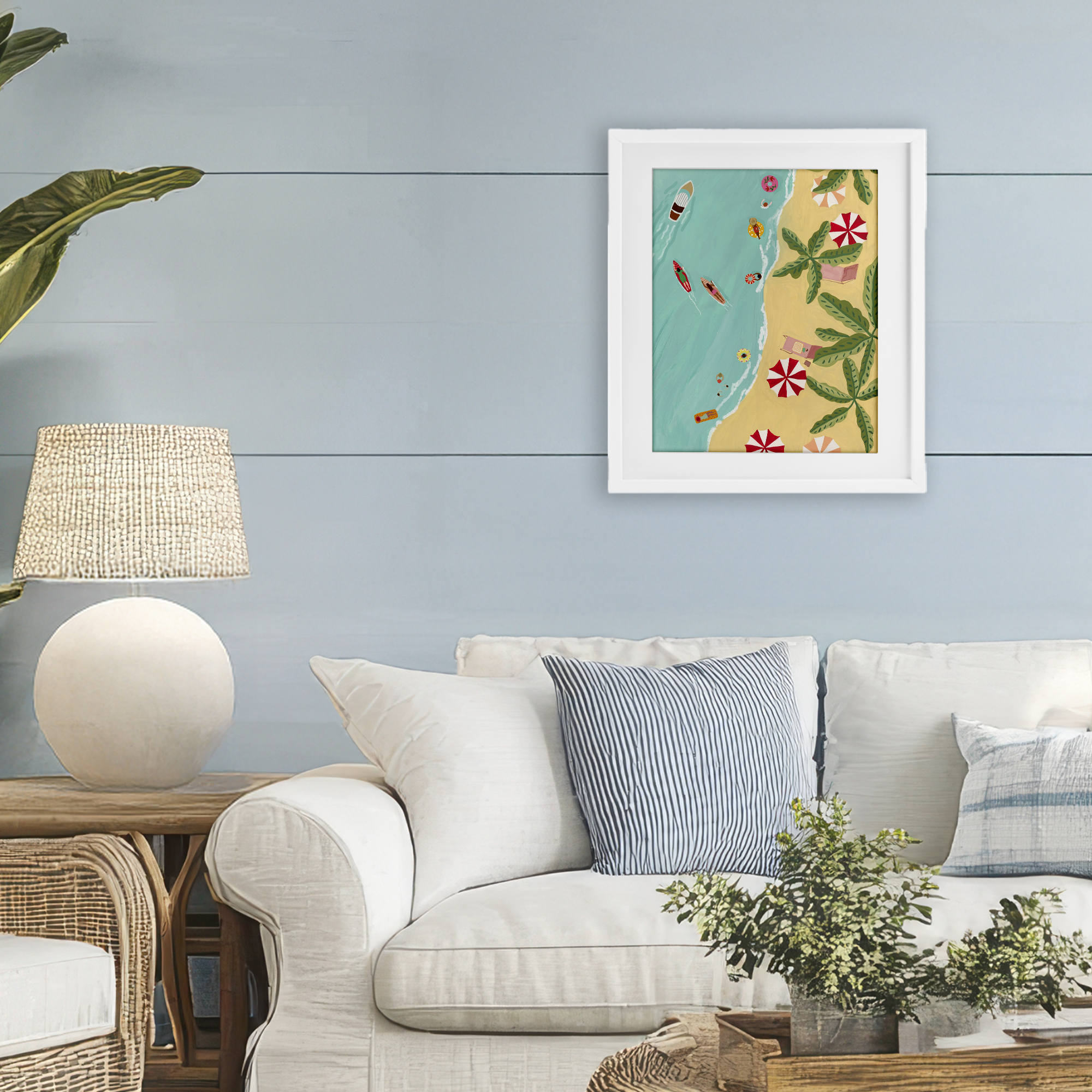 Busy Beach Day Hangout White Framed Print Under Glass, design by Nabeela Rumi