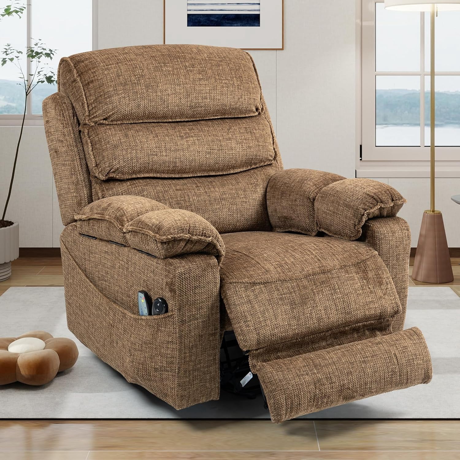 Power Lift Chair with Heat and Massage for Elderly Big Man 400lb, 27in Extra Wide Lay Flat Recliner with Hidden Cup Holders, Infinite Position Lifting Recliners for Seniors, Extended Footrest