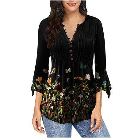 

Paiwinds Clearance Women s Casual Trumpet 3/4 Sleeve Printing Buttoned Basic Ruched Corset Tunic Tops Pleated T-shirts Blouses Multicolor S