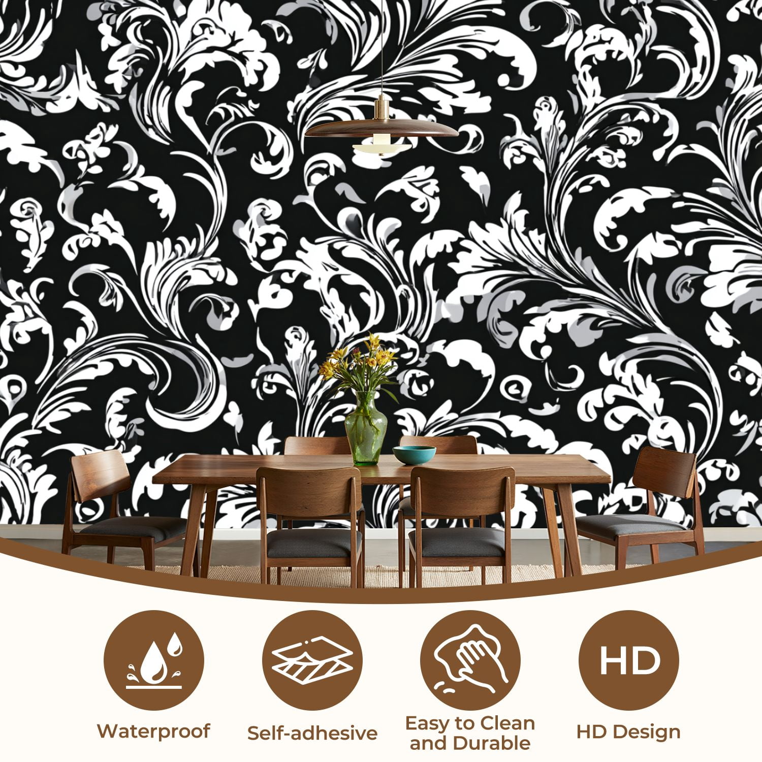 Wall Mural Peel and Stick Floral baroque damask Seamless Black white ornament Self-Adhesive Wallpaper Removable Wall Decal Wall Sticker Home Decor for Living Room Bedroom 100"x144"