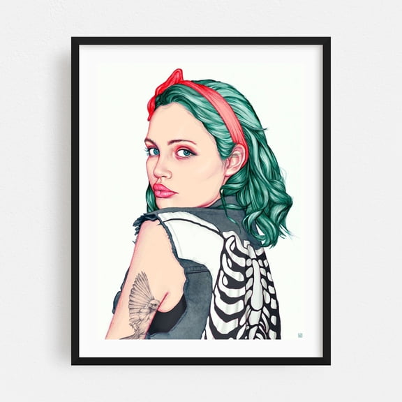 Emerald - Illustration Pop Art Modern Art Fashion Surrealism Portrait Black Framed Wall Art Print 6 x 8 inches
