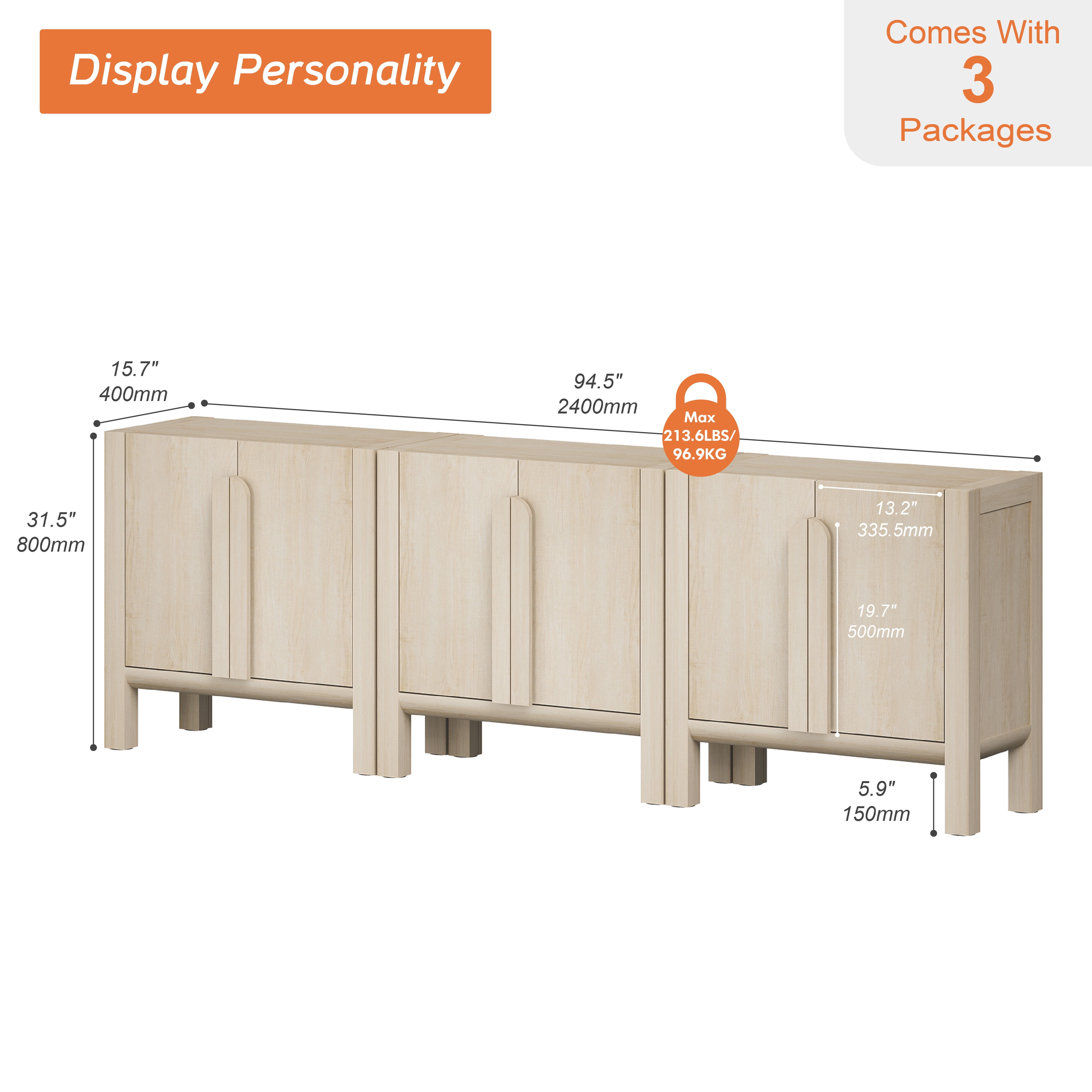 94.5" Mid-Century Modern TV Stand with Storage, 3-In-1 Entertainment Center with 6 Doors and Adjustable Shelves,Wooden TV Console for Living Room