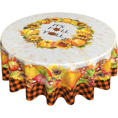 

It s Fall Pumpkin Tablecloth Round 60 Inch Autumn Harvest Thanksgiving Sunflower Balck Orange Plaid Checked Washable Wrinkle Stain-Resistant Table Cloth Polyester Country Rustic Farmhouse Table Cover