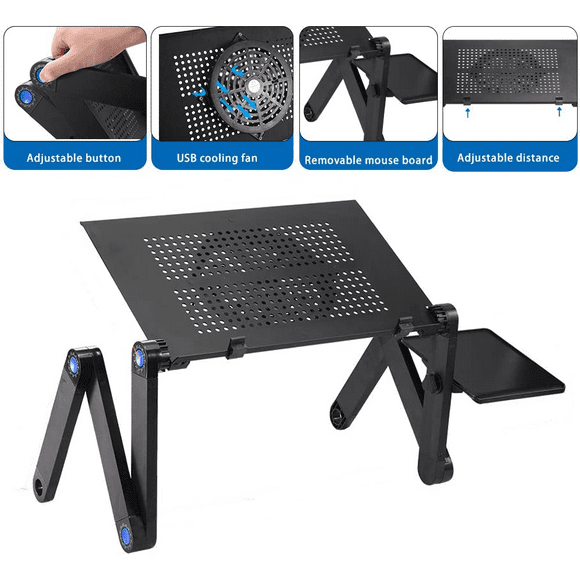 Aluminum Laptop Stand Adjustable with Cooling Fan and Mouse Pad, Reinforced Ergonomic Lap Desk Foldable Portable Computer Table for Bed Sofa Couch Office
