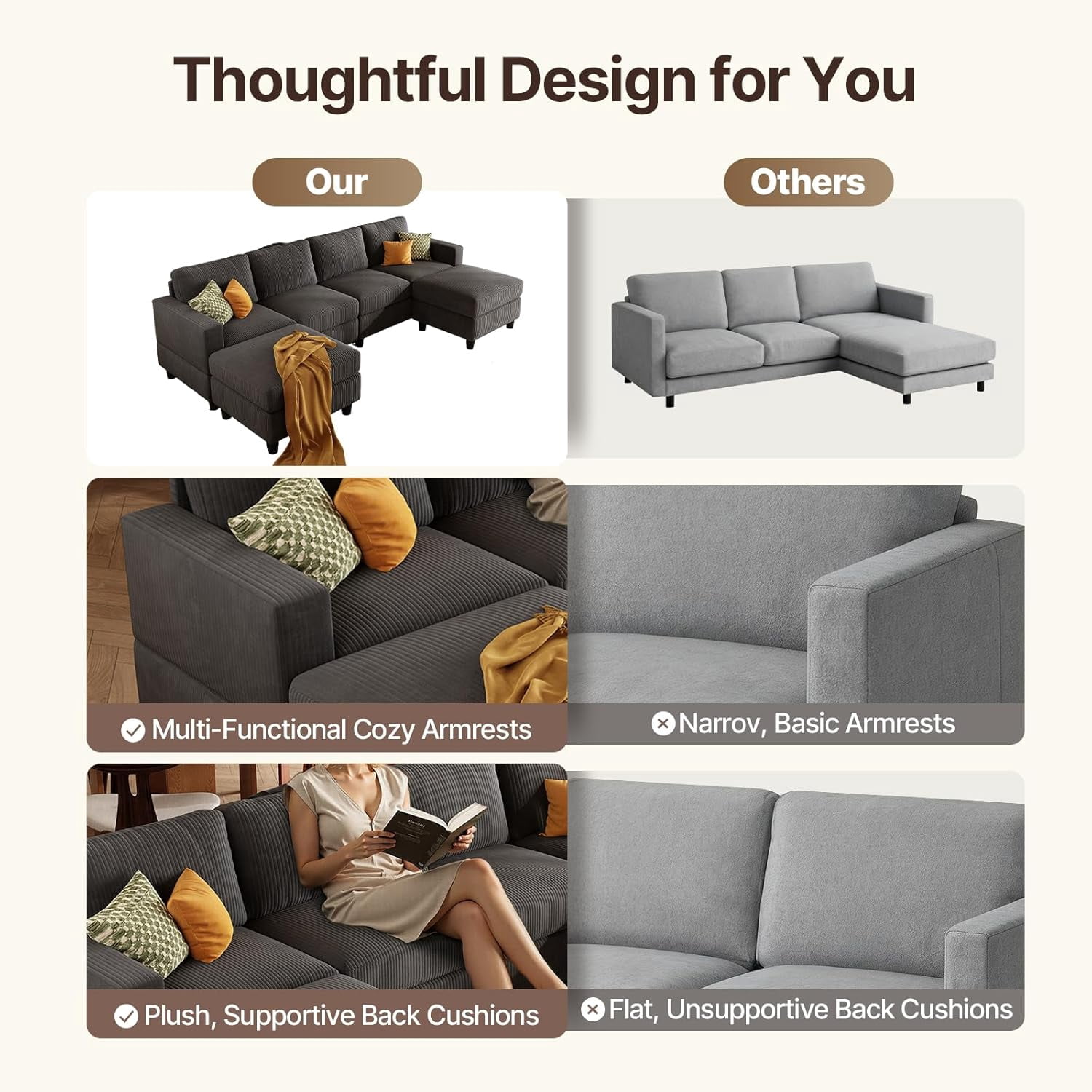 AENKYO U-Shaped Sectional Sofa Couch with 2 Ottomans, Convertible 4-Seat Living Room Furniture with Removable Cushions, Gray