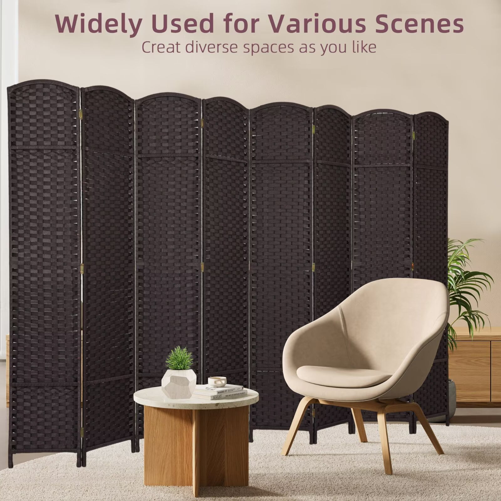 YRLLENSDAN 8 Panels Folding Portable Room Dividers, Free Standing Indoor and Outdoor Privacy Screens for Patio, 66.9 Inches Tall Chinese Wall Divider for Room Separation, Brown